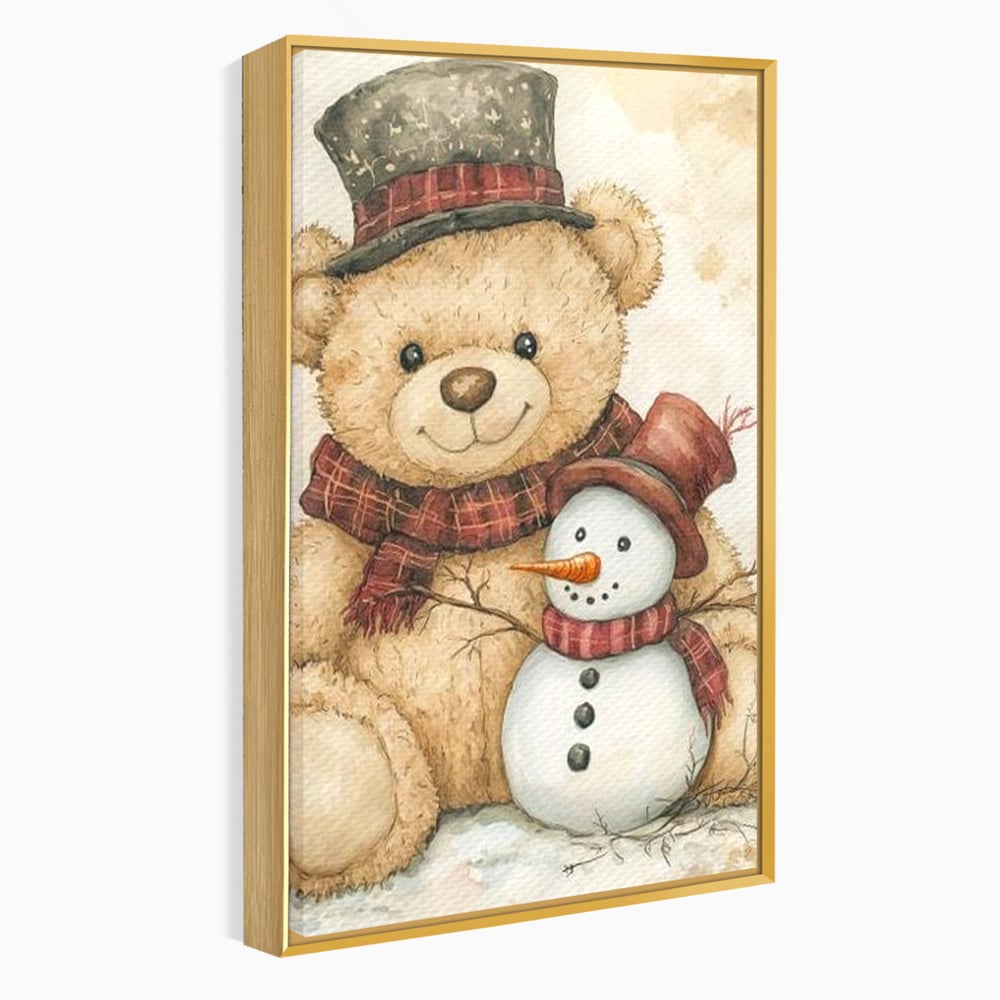 Tablou canvas cu ilustratie cu ursulet si om de zapada, in rama de aluminiu auriu